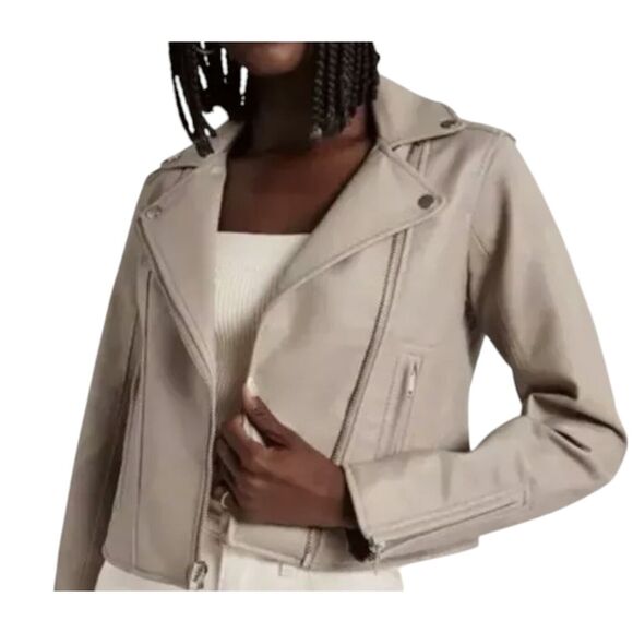 Abercrombie & Fitch Women's Vegan Leather Moto ShortJacket Light Tan Nubuck Sz S - Picture 2 of 16
